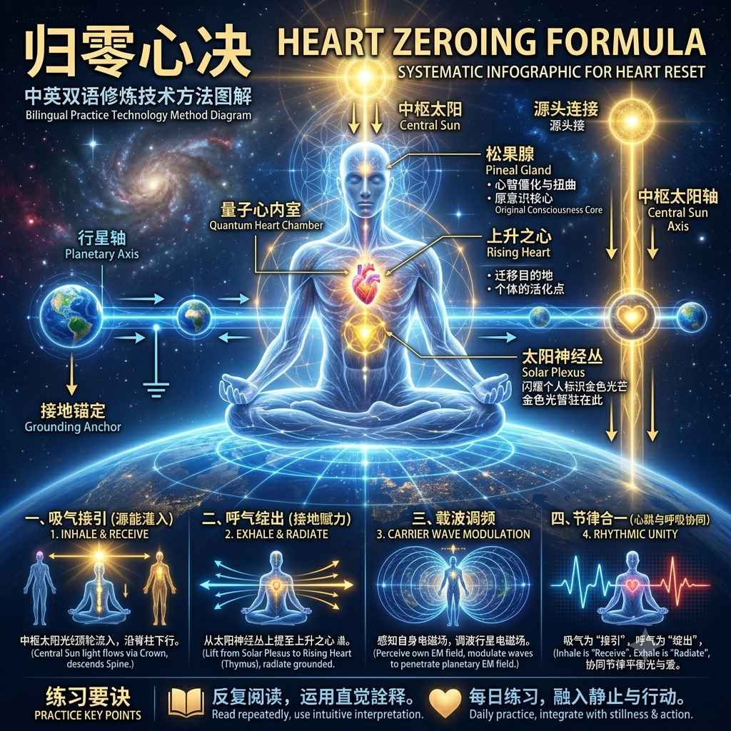 归零心诀 · 完整练习图(闭眼入静—心区激活—绿色灌注—心观世界,含四步重置法)