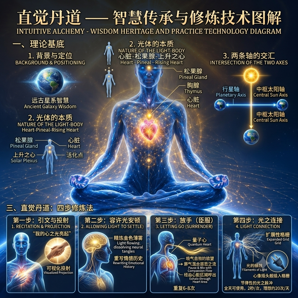 直觉丹道 · 完整练习图(引文与投射—容许光安顿—放手臣服—光之连接,含四步修炼法)